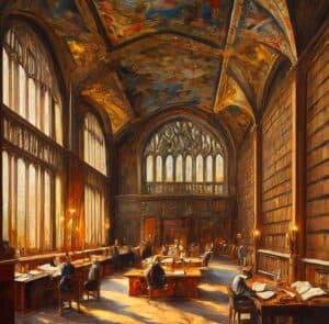 oxford library with scholars at desks